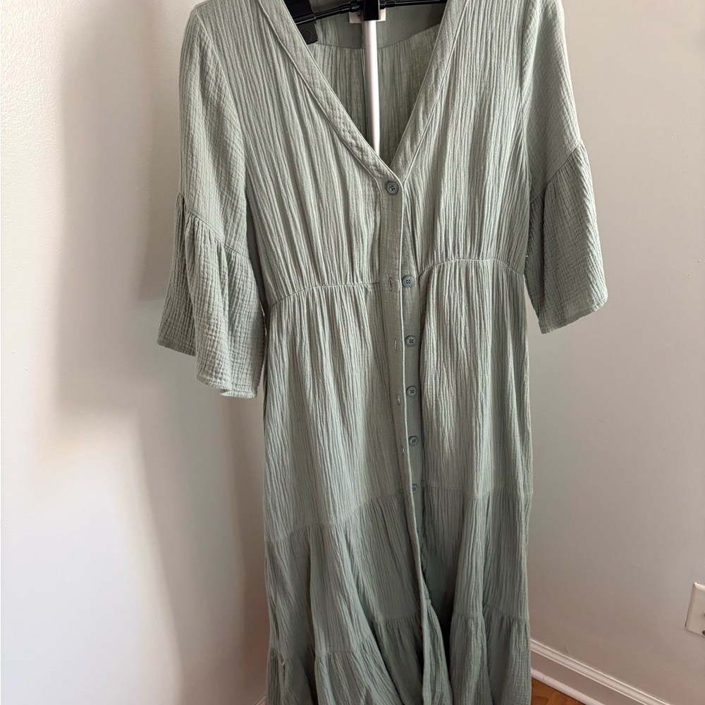 P Cill Gauze Button Midi Dress Faded Sage M Medium
